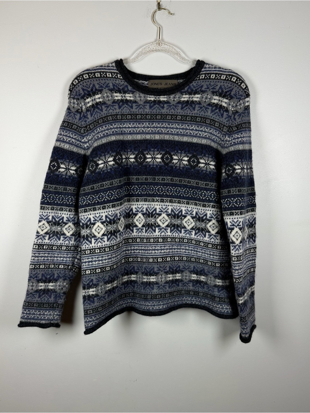 Jones Jeans Vintage Nordic Fair isle Icelandic Sweater Wool Ski Blue Size Large